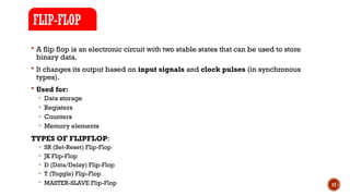 17
 A flip flop is an electronic circuit with two stable states that can be used to store
binary data.
 It changes its output based on input signals and clock pulses (in synchronous
types).
 Used for:
• Data storage
• Registers
• Counters
• Memory elements
TYPES OF FLIPFLOP:
• SR (Set-Reset) Flip-Flop
• JK Flip-Flop
• D (Data/Delay) Flip-Flop
• T (Toggle) Flip-Flop
• MASTER-SLAVE Flip-Flop
FLIP-FLOP
 