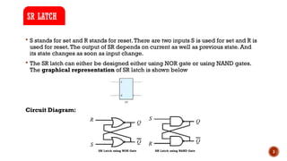 3
 S stands for set and R stands for reset.There are two inputs S is used for set and R is
used for reset.The output of SR depends on current as well as previous state. And
its state changes as soon as input change.
 The SR latch can either be designed either using NOR gate or using NAND gates.
The graphical representation of SR latch is shown below
Circuit Diagram:
SR LATCH
 