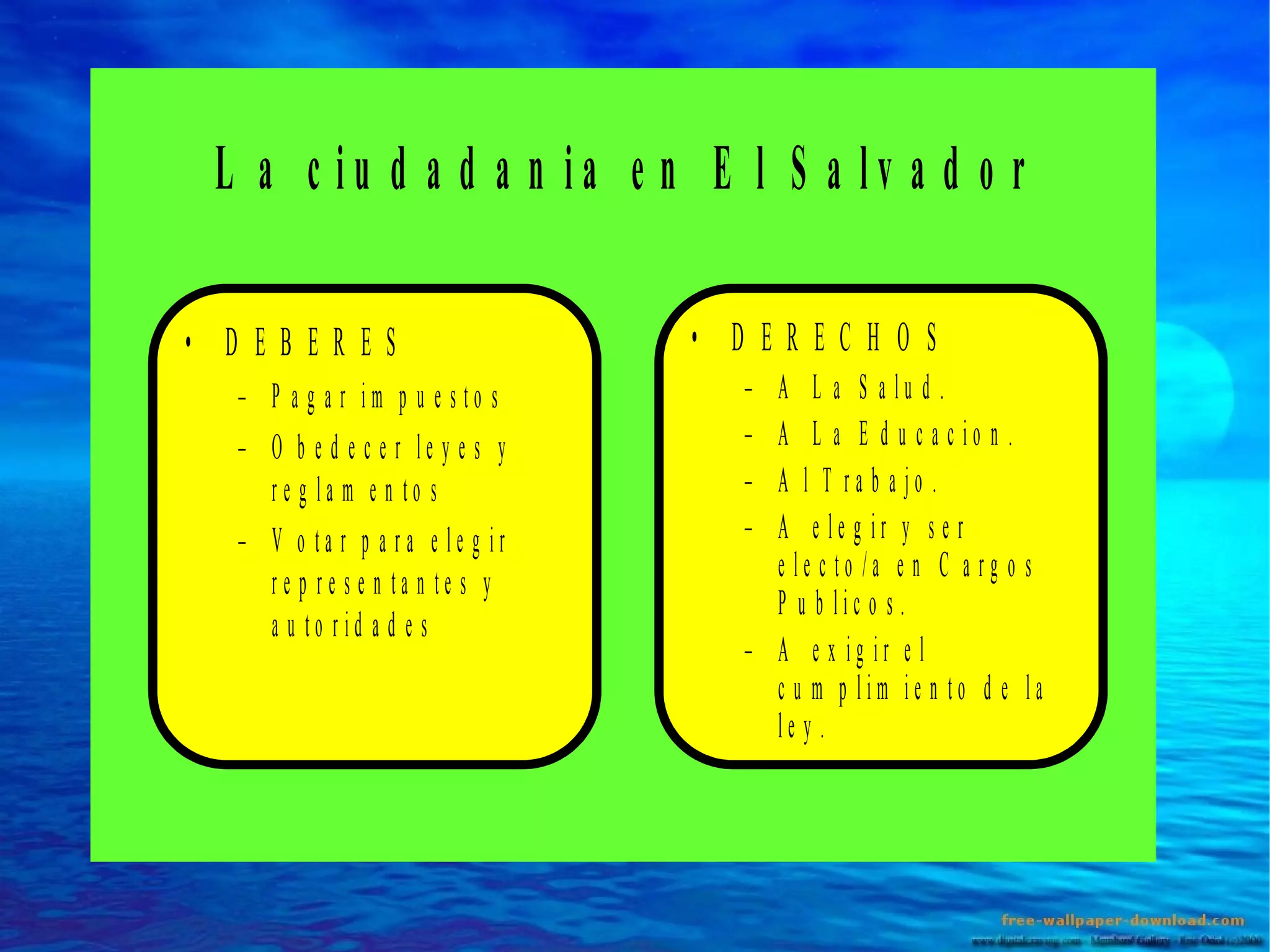 L a c iu d a d a n ia e n E l S a lv a d o r
• D EB ER ES
– P a g a r im p u e s to s
– O b e d e c e r le y e s y
re g la m e n to s
– V o ta r p a ra e le g ir
re p re s e n ta n te s y
a u to rid a d e s

• D ER EC H O S
–
–
–
–

A L a S a lu d .
A L a E d u c a c io n .
A l T ra b a jo .
A e le g ir y s e r
e le c to /a e n C a rg o s
P u b lic o s .
– A e x ig ir e l
c u m p lim ie n to d e la
le y .

 