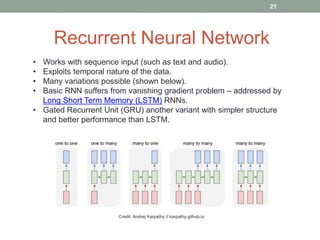 Recurrent Neural Network
Credit: Andrej Karpathy // karpathy.github.io
• Works with sequence input (such as text and audio).
• Exploits temporal nature of the data.
• Many variations possible (shown below).
• Basic RNN suffers from vanishing gradient problem – addressed by
Long Short Term Memory (LSTM) RNNs.
• Gated Recurrent Unit (GRU) another variant with simpler structure
and better performance than LSTM.
21
 