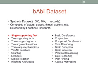 • Synthetic Dataset (1000, 10k, … records)
• Composed of actors, places, things, actions, etc.
• Released by Facebook Research
bAbI Dataset
• Single supporting fact
• Two supporting facts
• Three supporting facts
• Two argument relations
• Three argument relations
• Yes/No questions
• Counting
• Lists/sets
• Simple Negation
• Indefinite Knowledge
• Basic Coreference
• Conjunction
• Compound Coreference
• Time Reasoning
• Basic Deduction
• Basic Induction
• Positional Reasoning
• Size Reasoning
• Path Finding
• Agent’s Motivations
23
 