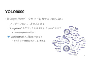 YOLO9000
• 物体検出用のデータセットのカテゴリは少ない
• アノテーションコストが高すぎる
• ImageNetのカテゴリとかを使えたらいいのでは？
• Distant Supervision的な？
• WordNetを使えば拡張できる！
• 有向グラフで構築されている≠木構造
25
 