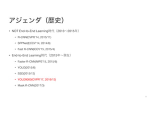 アジェンダ（歴史）
• NOT End-to-End Learning時代（2013～2015年）
• R-CNN(CVPR’14, 2013/11)
• SPPNet(ECCV’14, 2014/6)
• Fast R-CNN(ICCV’15, 2015/4)
• End-to-End Learning時代（2015年～現在）
• Faster R-CNN(NIPS’15, 2015/6)
• YOLO(2015/6)
• SSD(2015/12)
• YOLO9000(CVPR’17, 2016/12)
• Mask R-CNN(2017/3)
4
 