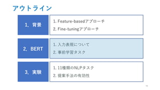 アウトライン
1．背景
1. Feature-basedアプローチ
2. Fine-tuningアプローチ
2．BERT
1. 入力表現について
2. 事前学習タスク
3．実験
1. 11種類のNLPタスク
2. 提案手法の有効性
10
 