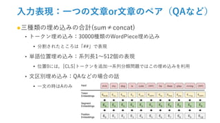 入力表現：一つの文章or文章のペア（QAなど）
●三種類の埋め込みの合計(sum≠concat)
‣ トークン埋め込み：30000種類のWordPiece埋め込み
• 分割されたところは「##」で表現
‣ 単語位置埋め込み：系列長1〜512個の表現
• 位置0には，[CLS]トークンを追加→系列分類問題ではこの埋め込みを利用
‣ 文区別埋め込み：QAなどの場合の話
• 一文の時はAのみ
12
 