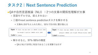 タスク2：Next Sentence Prediction
●QAや自然言語推論（NLI）：2つの文章の関係性理解が大事
‣ 言語モデルでは，捉えきれない
‣ 二値のnext sentence predictionタスクを解かせる
• 文章AとBが与えられた時に，50％で別のBに置き換える
‣ 解かせると，97%-98%の精度
• QAとNLIで非常に有効であることを実験では示す
16
 