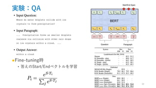 実験：QA
●Fine-tuning時
‣ 答えのStart/Endベクトルを学習
22
 