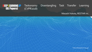 DEEPLEARNINGJP
[DL Papers]
Taskonomy: Disentangling Task Transfer Learning
(CVPR2018)
MasashiYokota, RESTAR inc.
http://deeplearning.jp/
1
 