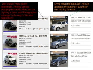 $20k Interior Photo Booth            Small setup fee($399.00). And an
Investment. Photos Service           average investment of $3.00 per
charging dealership More per car.    car, moving forward!
Lighting is poor, and Photographer
is always in the way, of Service
department!
 