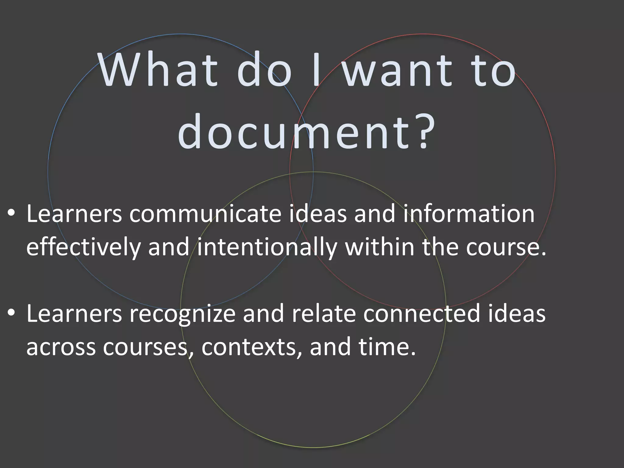 • Learners communicate ideas and information
effectively and intentionally within the course.
• Learners recognize and relate connected ideas
across courses, contexts, and time.
What do I want to
document?
 