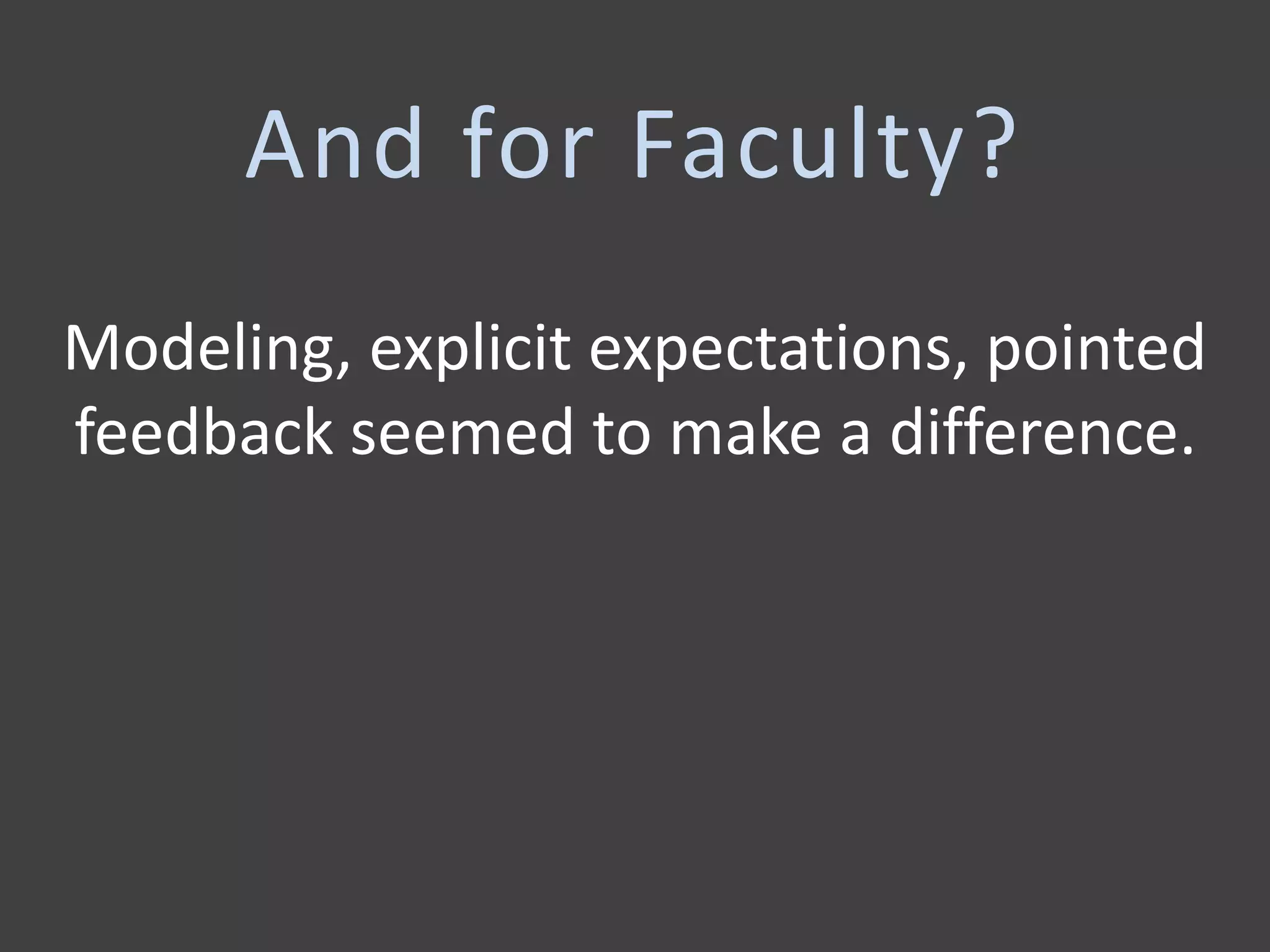 Modeling, explicit expectations, pointed
feedback seemed to make a difference.
And for Faculty?
 