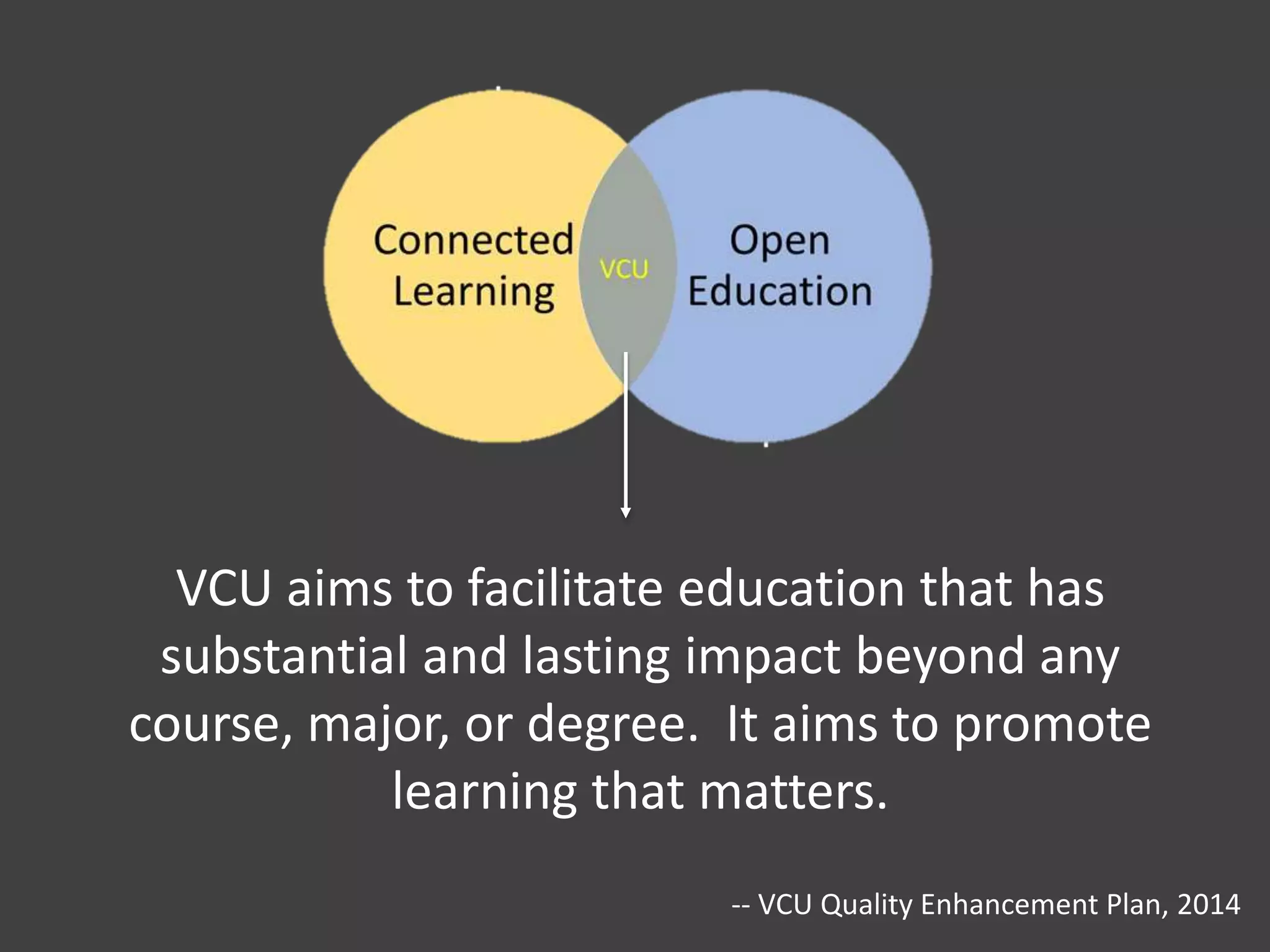 VCU aims to facilitate education that has
substantial and lasting impact beyond any
course, major, or degree. It aims to promote
learning that matters.
-- VCU Quality Enhancement Plan, 2014
 