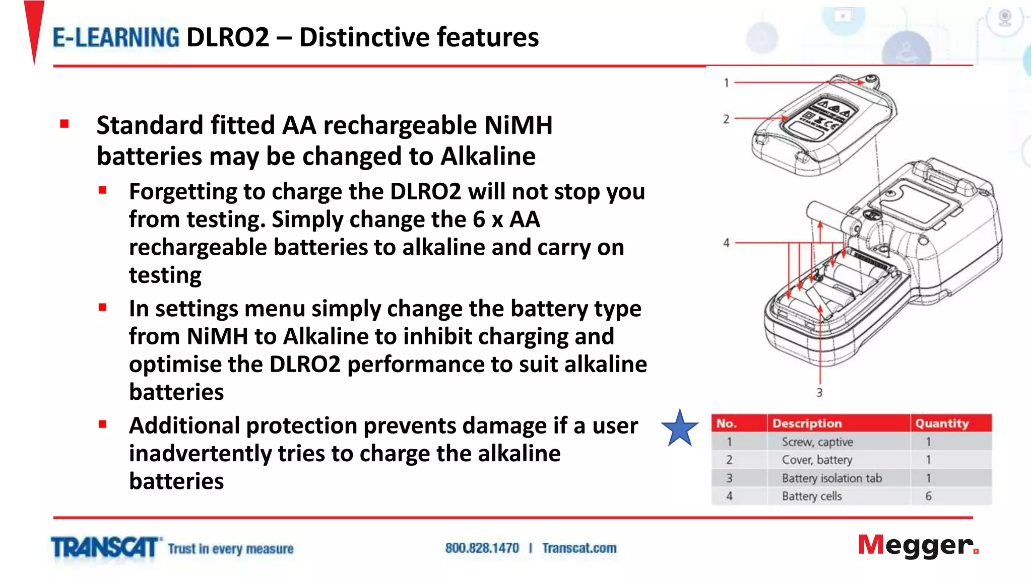  Standard fitted AA rechargeable NiMH
batteries may be changed to Alkaline
 Forgetting to charge the DLRO2 will not stop you
from testing. Simply change the 6 x AA
rechargeable batteries to alkaline and carry on
testing
 In settings menu simply change the battery type
from NiMH to Alkaline to inhibit charging and
optimise the DLRO2 performance to suit alkaline
batteries
 Additional protection prevents damage if a user
inadvertently tries to charge the alkaline
batteries
DLRO2 – Distinctive features
 