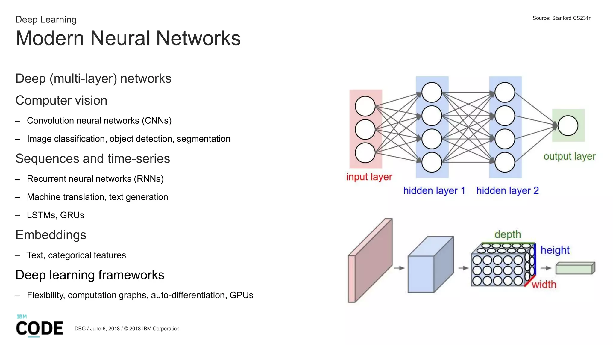 Modern Neural Networks
DBG / June 6, 2018 / © 2018 IBM Corporation
Deep Learning
Deep (multi-layer) networks
Computer vision
– Convolution neural networks (CNNs)
– Image classification, object detection, segmentation
Sequences and time-series
– Recurrent neural networks (RNNs)
– Machine translation, text generation
– LSTMs, GRUs
Embeddings
– Text, categorical features
Deep learning frameworks
– Flexibility, computation graphs, auto-differentiation, GPUs
Source: Stanford CS231n
 
