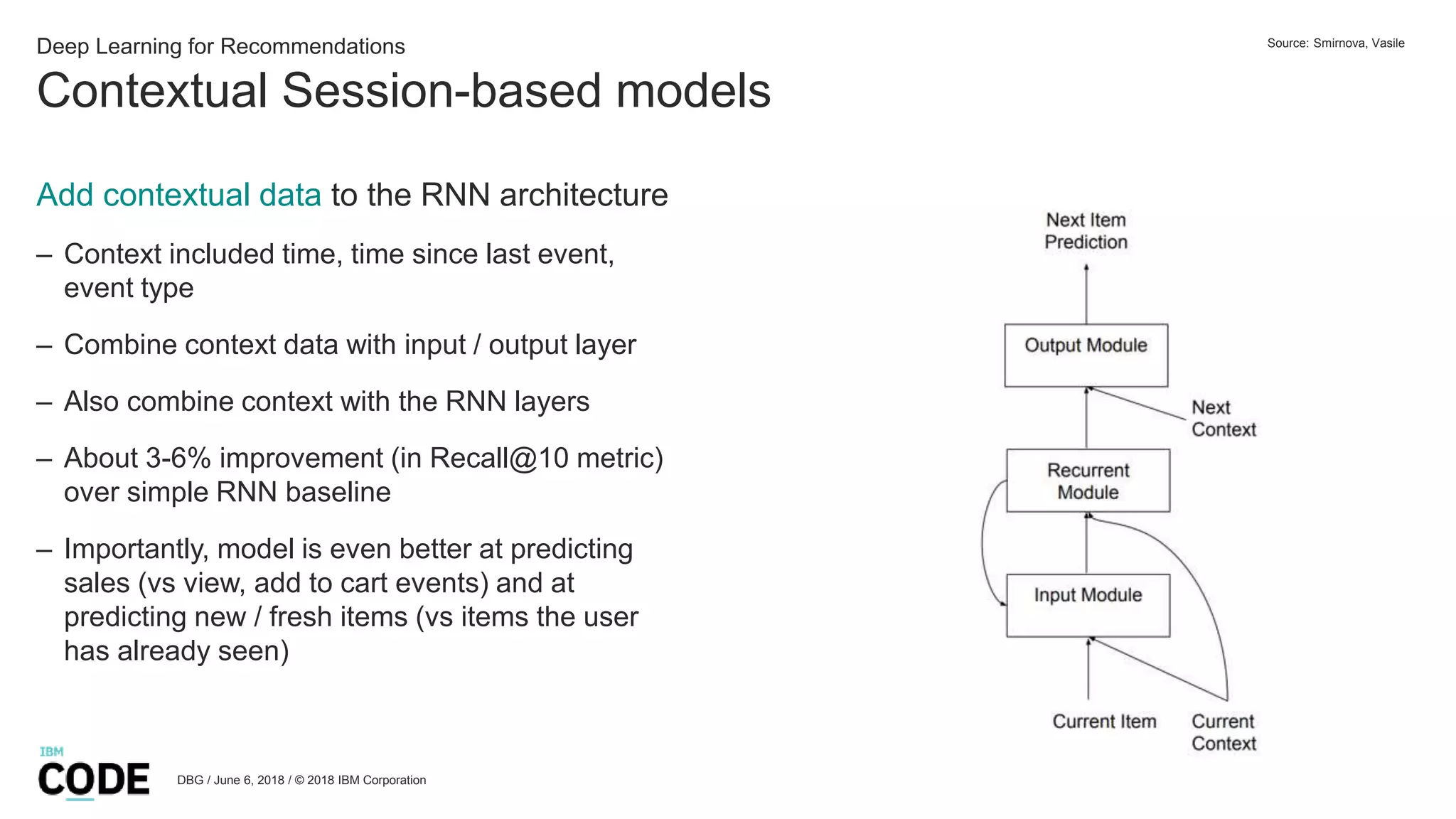 Contextual Session-based models
DBG / June 6, 2018 / © 2018 IBM Corporation
Deep Learning for Recommendations
Add contextual data to the RNN architecture
– Context included time, time since last event,
event type
– Combine context data with input / output layer
– Also combine context with the RNN layers
– About 3-6% improvement (in Recall@10 metric)
over simple RNN baseline
– Importantly, model is even better at predicting
sales (vs view, add to cart events) and at
predicting new / fresh items (vs items the user
has already seen)
Source: Smirnova, Vasile
 
