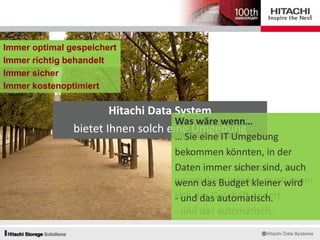 Was wäre wenn…
… Sie eine IT Umgebung
bekommen könnten, in der
Daten immer richtig behandelt
werden, auch wenn sich die
Vorgaben ändern
- und das automatisch.
Was wäre wenn…
… Sie eine IT Umgebung
bekommen könnten, in der
Daten immer optimal
gespeichert werden, auch wenn
sich das Geschäft ändert
- und das automatisch.
Immer optimal gespeichertImmer optimal gespeichert
Immer richtig behandelt
Immer optimal gespeichert
Immer richtig behandelt
Immer sicher
Immer kostenoptimiert
Hitachi Data System
bietet Ihnen solch eine Umgebung
Was wäre wenn…
… Sie eine IT Umgebung
bekommen könnten, in der
Daten immer sicher sind, auch
wenn das Budget kleiner wird
- und das automatisch.
 