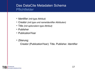 17
Das DataCite Metadaten Schema
• Identifier (mit type Attribut)
• Creator (mit type und nameIdentifier Attributen)
• Title (mit optionalem type Attribut)
• Publisher
• PublicationYear
• Zitierung:
Creator (PublicationYear): Title. Publisher. Identifier
Pflichtfelder
 