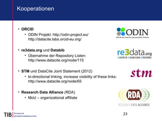 23
Kooperationen
• ORCID
• ODIN Projekt: http://odin-project.eu/
http://datacite.labs.orcid-eu.org/
• re3data.org und Databib
• Übernahme der Repository Listen:
http://www.datacite.org/node/115
• STM und DataCite Joint Statement (2012)
• bi-directional linking, increase visibility of these links:
http://www.datacite.org/node/65
• Research Data Alliance (RDA)
• MoU – organizational affiliate
 