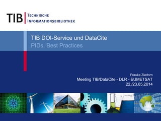 Frauke Ziedorn
Meeting TIB/DataCite - DLR - EUMETSAT
22./23.05.2014
TIB DOI-Service und DataCite
PIDs, Best Practices
 