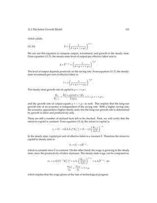6.1 Equilibrium in the Labor Market 49
After some factoring and algebraic manipulation, this becomes:
? = A(1 )

A
w
 
1 
:
(6.4)
Under the given preferences, we have u1(c;l) = 1=c and u2(c;l) = 1=(1 l). Recall, the
budget equation implies c =  + wls. Plugging these into equation (6.2) gives us:
? + wl?
s
1 l?
s
= w;
which reduces to:
l?
s =
1
2
?
2w:
Plugging in ? from equation (6.4) yields:
l?
s =
1
2

1
2w

A(1 )

A
w
 
1 
;
which reduces to:
l?
s =
1
2

1 
2
 
A
w
 1
1 
:
Now we have determined the household’s optimal supply of labor l?
s as a function of the
market wage w, and we have calculated the household’s optimal choice of labor to hire l?
d
for a given wage. Since all household’s are identical, equilibrium occurs where the house-
hold’s supply equals the household’s demand. Accordingly, we set l?
s = l?
d and call the
resulting wage w?:
1
2

1 
2
 
A
w?
 1
1 
=

A
w?
 1
1 
:
We gather like terms to get:
1
2
=

1 +

1 
2
 
A
w?
 1
1 
:
Further algebraic manipulation yields:
w? = A

1 + 

1 
:
Finally, we plug this equilibrium wage back into our expressions for l?
s and l?
d, which were
in terms of w. For example, plugging the formula for w? into equation (6.3) gives us:
l?
d =

A
w?
 1
1 
=

A
A 1+

1 
# 1
1 
=

1 + :
 