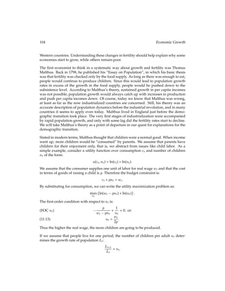 u(c2;l2)g; subject to:
Pf(l1) = Pc1 + b1; and:
Pf(l2) + b1(1 + R) = Pc2:
Refer to Chapter 3 for a discussion of: (i) the budget constraints, (ii) the meaning of the
price level P and interest rate R, and (iii) how the bonds work. The Lagrangean is:
L = u(c1;l1) +  