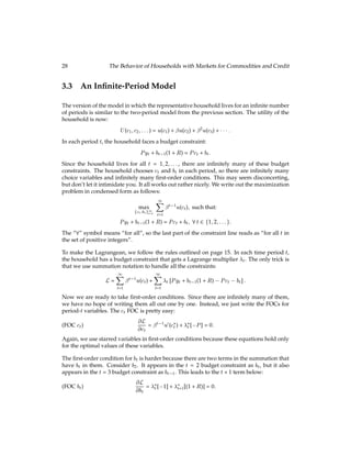u(c2)g; subject to:
(3.4)
Py1 = Pc1 + b1; and:
(3.5)
Py2 + b1(1 + R) = Pc2:
(3.6)
We solve this problem by using the method of Lagrange multipliers. The Lagrangean is:
L = u(c1) +  