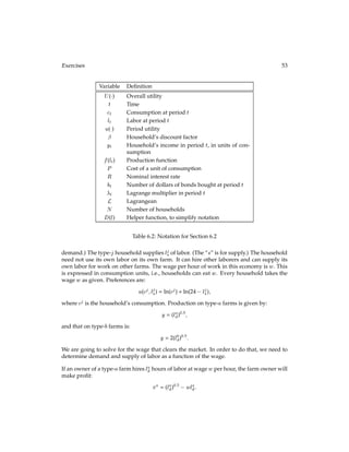 y1
 0;
so if second-period income increases, then R? does too. Conversely, if second-period in-
come decreases, then R? does too. This makes intuitive sense. If y2 goes down, households
will try to invest ﬁrst-period income in bonds in order to smooth consumption between
the two periods. In equilibrium this cannot happen, since net bond holdings must be zero,
so the equilibrium interest rate must fall in order to provide a disincentive to investment,
exactly counteracting households’ desire to smooth consumption.
You can work through similar comparative statics and intuition to examine how the equi-
librium interest rate changes in response to changes in y1 and  