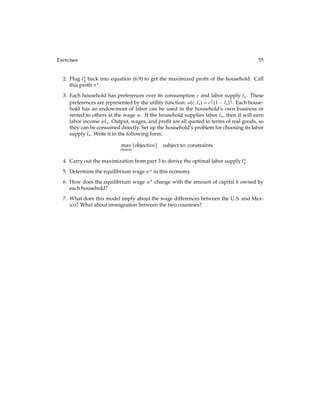 28 The Behavior of Households with Markets for Commodities and Credit
3.3 An Inﬁnite-Period Model
The version of the model in which the representative household lives for an inﬁnite number
of periods is similar to the two-period model from the previous section. The utility of the
household is now:
U(c1;c2;:::) = u(c1) +  