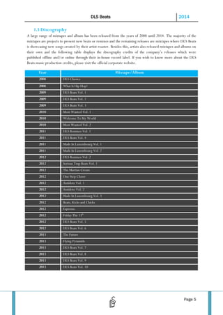 DLS Beats

2014

1.5 Discography
A large range of mixtapes and album has been released from the years of 2008 until 2014. The majority of the
mixtapes are projects to present new beats or remixes and the remaining releases are mixtapes where DLS Beats
is showcasing new songs created by their artist roaster. Besides this, artists also released mixtapes and albums on
their own and the following table displays the discography credits of the company’s releases which were
published offline and/or online through their in-house record label. If you wish to know more about the DLS
Beats music production credits, please visit the official corporate website.
Year

Mixtape/Album

2008

DLS Classics

2008

What Is Hip Hop?

2009

DLS Beats Vol. 1

2009

DLS Beats Vol. 2

2009

DLS Beats Vol. 3

2010

Most Wanted Vol. 1

2010

Welcome To My World

2010

Most Wanted Vol. 2

2011

DLS Remixes Vol. 1

2011

DLS Beats Vol. 4

2011

Made In Luxembourg Vol. 1

2011

Made In Luxembourg Vol. 2

2012

DLS Remixes Vol. 2

2012

Serious Trap Beats Vol. 1

2012

The Martian Cream

2012

One Step Closer

2012

Antidote Vol. 1

2012

Antidote Vol. 2

2012

Made In Luxembourg Vol. 3

2012

Beats, Kicks and Chicks

2012

Espresso

2012

Friday The 13th

2012

DLS Beats Vol. 5

2012

DLS Beats Vol. 6

2013

The Future

2013

Flying Pyramids

2013

DLS Beats Vol. 7

2013

DLS Beats Vol. 8

2013

DLS Beats Vol. 9

2013

DLS Beats Vol. 10

Page 5

 