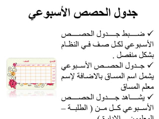 ‫األسبوعي‬ ‫الحصص‬ ‫جدول‬
‫ل‬ ‫ننننننن‬ ‫نننننننرلنلمعح‬ ‫ل‬ ‫ضنننننننر‬
‫ن‬‫ن‬‫لمعنظ‬ ‫ن‬‫ن‬‫نفلف‬‫ن‬‫لص‬ ‫ن‬‫ن‬‫لعن‬ ‫نرأع‬‫ن‬‫مألس‬‫اجل‬
‫ل‬ ‫لمنف‬ ‫بشن‬.
‫ل‬ ‫نننرأع‬‫ن‬‫لمألس‬ ‫ننن‬‫ن‬ ‫نننرلنلمعح‬‫ن‬
‫ل‬ ‫يشر‬‫ضنافتلإل‬ ‫لبا‬ ‫مسملمعرسنا‬‫سنمل‬
‫مومملمعرسا‬
‫ل‬ ‫نننننن‬‫ن‬ ‫ننننننرلنلمعح‬‫ن‬ ‫نننننناهرل‬‫ن‬‫يش‬
‫نننال‬‫ن‬‫لم‬ ‫ننن‬‫ن‬ ‫ل‬ ‫نننرأع‬‫ن‬‫مألس‬(‫نننتل‬‫ن‬‫معطمر‬–
 
