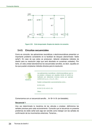 Formación Abierta
Técnicas de diseño I34
+24V
0V
S1
Y1 Y2
A0
K1
A1
K1
K2
K2
Figura 3.32. Ciclo temporizado. Empleo de retardo a la conexión.
3.4.5. Circuitos secuenciales
Como es conocido, las aplicaciones neumáticas o electroneumáticas presentan un
importante problema consistente en la facilidad de bloqueo (denominado “doble
señal”). En caso de que estos se produzcan, deberán emplearse métodos de
diseño para su resolución (algo que será abordado en sucesivas unidades). Por
tanto, en esta unidad abordaremos los secuenciales sencillos, es decir, aquellos en
los que pueden emplearse métodos directos para la resolución.
Las aplicaciones neumáticas o electroneumáticas que no
se prestan a bloqueo son aquellas donde el control es
realizado por detectores inversos (como por ejemplo
control con a0 y a1, o b0 y b1, etc.).
Suelen corresponder a accionamientos como...
A+ B+ A- B-
A+ B+ C+ D- A- B- C- D+
Otras…
Comencemos con un secuencial sencillo… A+ B+ A- B- (en biestable).
Secuencial 1
Una vez determinada la mecánica de las válvulas a emplear, definiremos las
señales precisas para cada accionamiento. Conocido que la secuencia no presenta
problemas de doble señal será algo tan sencillo como trabajar con las señales de
confirmación de los movimientos anteriores. Tenemos...
 