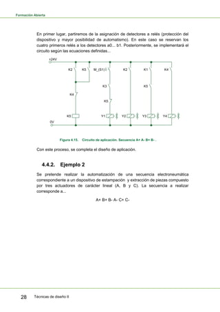 Formación Abierta
Técnicas de diseño II28
En primer lugar, partiremos de la asignación de detectores a relés (protección del
dispositivo y mayor posibilidad de automatismo). En este caso se reservan los
cuatro primeros relés a los detectores a0... b1. Posteriormente, se implementará el
circuito según las ecuaciones definidas...
K2 K5
K5
K4
M_(S1)
K3
Y1
K2
Y2
K1
Y3
K4
Y4
0V
+24V
K5
K5
Figura 4.15. Circuito de aplicación. Secuencia A+ A- B+ B- .
Con este proceso, se completa el diseño de aplicación.
4.4.2. Ejemplo 2
Se pretende realizar la automatización de una secuencia electroneumática
correspondiente a un dispositivo de estampación y extracción de piezas compuesto
por tres actuadores de carácter lineal (A, B y C). La secuencia a realizar
corresponde a...
A+ B+ B- A- C+ C-
 