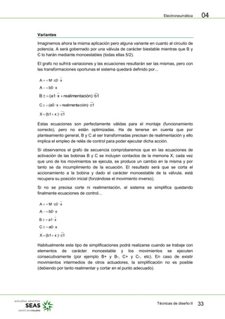 Electroneumática
Técnicas de diseño II 33
04
Variantes
Imaginemos ahora la misma aplicación pero alguna variante en cuanto al circuito de
potencia. A será gobernado por una válvula de carácter biestable mientras que B y
C lo harán mediante monoestables (todas ellas 5/2).
El grafo no sufrirá variaciones y las ecuaciones resultarán ser las mismas, pero con
las transformaciones oportunas el sistema quedará definido por...
x·c0·MA
x·b0A
b1·ción)realimentax·(a1B
c1·ción)realimentax·(a0C
c1·)x(b1X
Estas ecuaciones son perfectamente válidas para el montaje (funcionamiento
correcto), pero no están optimizadas. Ha de tenerse en cuenta que por
planteamiento general, B y C al ser transformadas precisan de realimentación y ello
implica el empleo de relés de control para poder ejecutar dicha acción.
Si observamos el grafo de secuencia comprobaremos que en las ecuaciones de
activación de las bobinas B y C se incluyen contactos de la memoria X; cada vez
que uno de los movimientos se ejecuta, se produce un cambio en la misma y por
tanto se da incumplimiento de la ecuación. El resultado será que se corta el
accionamiento a la bobina y dado el carácter monoestable de la válvula, está
recupera su posición inicial (forzándose el movimiento inverso).
Si no se precisa corte ni realimentación, el sistema se simplifica quedando
finalmente ecuaciones de control...
x·c0·MA
x·b0A
x·a1B
x·a0C
c1·)x(b1X
Habitualmente este tipo de simplificaciones podrá realizarse cuando se trabaje con
elementos de carácter monoestable y los movimientos se ejecuten
consecutivamente (por ejemplo B+ y B-, C+ y C-, etc). En caso de existir
movimientos intermedios de otros actuadores, la simplificación no es posible
(debiendo por tanto realimentar y cortar en el punto adecuado).
 
