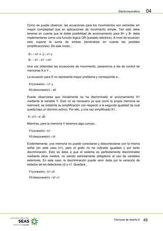 Electroneumática
Técnicas de diseño II 49
04
Como se puede observar, las ecuaciones para los movimientos son extraídas sin
mayor complejidad que en aplicaciones de movimiento simple. Tan sólo debe
tenerse en cuenta que la doble posibilidad de accionamiento para B+ y B- debe
implementarse como una función lógica OR (paralelo eléctrico). A nivel de ecuación
esto supone la suma de ambas (teniéndose en cuanta las posibles
simplificaciones). De este modo...
y·c1y·x·a1B
b1b1b1B
Una vez obtenidas las ecuaciones de movimiento, pasaremos a las de control de
memorias X e Y...
La ecuación para X no representa mayor problema y corresponde a...
y·c1(conexión)1X
0a)ndesconexió(0X
Puede observarse que inicialmente se ha discriminado el accionamiento X1
mediante la variable Y. Esto no es necesario ya que como la propia memoria se
rearmará, es indistinta su simplificación con respecto a la segunda igualdad (la cual
queda bajo un dominio activo). Por ello, y una vez simplificado X1...
a0·x)(c1X
Mientras, para la memoria Y tenemos algo curioso...
b1(conexión)1Y
1b)ndesconexió(0Y
Evidentemente, una memoria no puede conectarse y desconectarse con la misma
señal (en este caso b1), pero el grafo no ha indicado igualdad y por tanto
discriminación. Esto se debe a que el sistema es perfectamente discriminable
mediante otros medios, no siendo estrictamente obligatorio el uso de variables
exteriores. En este caso, la discriminación puede venir dada por la variación de
estados de los detectores c0 y c1. Quedará...
c0·b1(conexión)1Y
c1·1b)ndesconexió(0Y
 