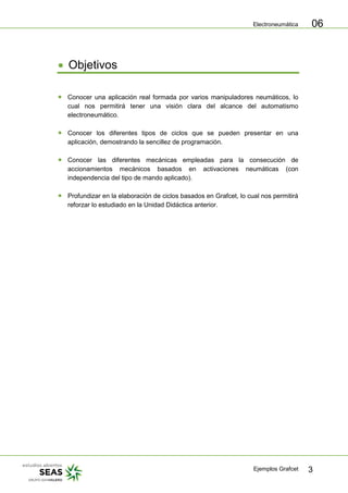 Electroneumática
Ejemplos Grafcet 3
06
Objetivos
Conocer una aplicación real formada por varios manipuladores neumáticos, lo
cual nos permitirá tener una visión clara del alcance del automatismo
electroneumático.
Conocer los diferentes tipos de ciclos que se pueden presentar en una
aplicación, demostrando la sencillez de programación.
Conocer las diferentes mecánicas empleadas para la consecución de
accionamientos mecánicos basados en activaciones neumáticas (con
independencia del tipo de mando aplicado).
Profundizar en la elaboración de ciclos basados en Grafcet, lo cual nos permitirá
reforzar lo estudiado en la Unidad Didáctica anterior.
 