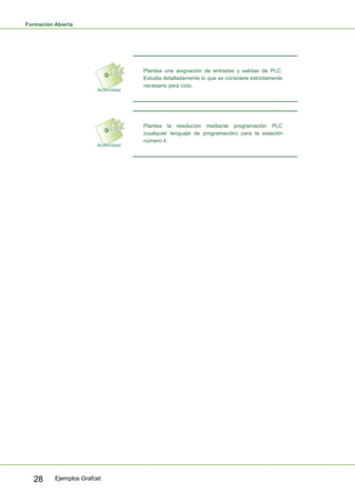 Formación Abierta
Ejemplos Grafcet28
Plantea una asignación de entradas y salidas de PLC.
Estudia detalladamente lo que se considere estrictamente
necesario para ciclo.
Plantea la resolución mediante programación PLC
(cualquier lenguaje de programación) para la estación
número 4.
 
