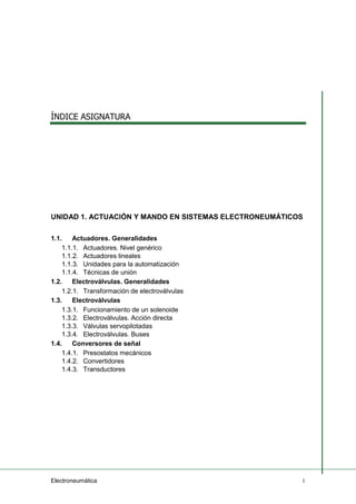 ÍNDICE ASIGNATURA
Electroneumática 1
UNIDAD 1. ACTUACIÓN Y MANDO EN SISTEMAS ELECTRONEUMÁTICOS
1.1. Actuadores. Generalidades
1.1.1. Actuadores. Nivel genérico
1.1.2. Actuadores lineales
1.1.3. Unidades para la automatización
1.1.4. Técnicas de unión
1.2. Electroválvulas. Generalidades
1.2.1. Transformación de electroválvulas
1.3. Electroválvulas
1.3.1. Funcionamiento de un solenoide
1.3.2. Electroválvulas. Acción directa
1.3.3. Válvulas servopilotadas
1.3.4. Electroválvulas. Buses
1.4. Conversores de señal
1.4.1. Presostatos mecánicos
1.4.2. Convertidores
1.4.3. Transductores
 
