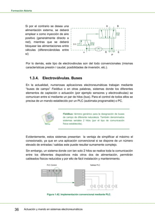 Formación Abierta
Actuación y mando en sistemas electroneumáticos36
Si por el contrario se desea una
alimentación externa, se deberá
emplear x como inyección de aire
positivo (generalmente directo a
red), mientras que se deberá
bloquear las alimentaciones entre
válvulas (diferenciándolas entre
sí)
B
Y1
A
R S
P
x
Por lo demás, este tipo de electroválvulas son del todo convencionales (mismas
características presión / caudal, posibilidades de inversión, etc.).
1.3.4. Electroválvulas. Buses
En la actualidad, numerosas aplicaciones electroneumáticas trabajan mediante
“buses de campo” Fieldbus o en otras palabras, sistemas donde los diferentes
elementos de captación o actuación (por ejemplo sensores y electroválvulas) se
comunican entre sí mediante un par de hilos (bus). Para el control de todos ellos se
precisa de un mando establecido por un PLC (autómata programable) o PC.
Fieldbus: término genérico para la designación de buses
de campo de diferente naturaleza. También denominados
sistemas seriales 2 hilos (por el tipo de comunicación
física establecida).
Evidentemente, estos sistemas presentan la ventaja de simplificar al máximo el
conexionado, ya que en una aplicación convencional si se dispone de un número
elevado de entradas / salidas este puede resultar sumamente complejo.
Sin embargo, un sistema donde con tan solo 2 hilos se realice toda la comunicación
entre los diferentes dispositivos más otros dos de alimentación, permitirán
cableados físicos reducidos y por ello de fácil instalación y mantenimiento.
PLC Control Salidas PLC
E E S S
Figura 1.42. Implementación convencional mediante PLC.
 