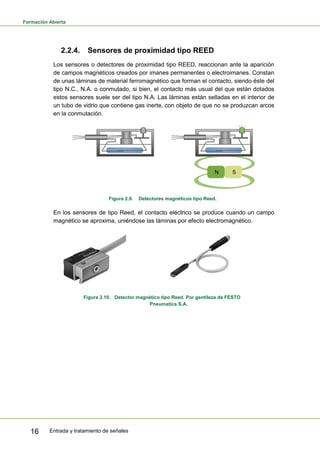 Formación Abierta
Entrada y tratamiento de señales16
2.2.4. Sensores de proximidad tipo REED
Los sensores o detectores de proximidad tipo REED, reaccionan ante la aparición
de campos magnéticos creados por imanes permanentes o electroimanes. Constan
de unas láminas de material ferromagnético que forman el contacto, siendo éste del
tipo N.C., N.A. o conmutado, si bien, el contacto más usual del que están dotados
estos sensores suele ser del tipo N.A. Las láminas están selladas en el interior de
un tubo de vidrio que contiene gas inerte, con objeto de que no se produzcan arcos
en la conmutación.
SN
Figura 2.9. Detectores magnéticos tipo Reed.
En los sensores de tipo Reed, el contacto eléctrico se produce cuando un campo
magnético se aproxima, uniéndose las láminas por efecto electromagnético.
Figura 2.10. Detector magnético tipo Reed. Por gentileza de FESTO
Pneumatics S.A.
 