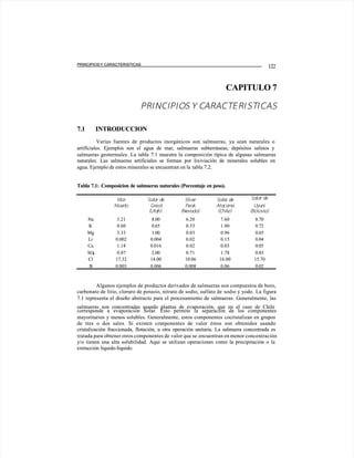  
 
PRINCIPIOS Y
PRINCIPIOS Y CARACTERISTICAS
CARACTERISTICAS
122
122
CAPITULO 7
CAPITULO 7
PRI
PRINCI
NCIPI
PIO
OS
S Y C
Y CARACT
ARACTE
ERI
RI ST
STI
I CAS
CAS
7.1 INTRODUCCION
7.1 INTRODUCCION
Varias fuentes de productos inorgánicos son salmueras, ya sean naturales o
Varias fuentes de productos inorgánicos son salmueras, ya sean naturales o
artificiales. Ejemplos son el agua de mar, salmueras subterráneas, depósitos salinos y
artificiales. Ejemplos son el agua de mar, salmueras subterráneas, depósitos salinos y
salmueras geotermales. La tabla 7.1 muestra la composición típica de algunas salmueras
salmueras geotermales. La tabla 7.1 muestra la composición típica de algunas salmueras
naturales. Las salmueras artificiales se forman por lixiviación de minerales solubles en
naturales. Las salmueras artificiales se forman por lixiviación de minerales solubles en
agua. Ejemplo de estos minerales se encuentran en la
agua. Ejemplo de estos minerales se encuentran en la tabla 7.2.
tabla 7.2.
Tabla 7.1:
Tabla 7.1: Composicion de salmueras naturales (Porcentaje en peso).
Composicion de salmueras naturales (Porcentaje en peso).
 Mar
 Mar
 Mue
 Muert
rto
o
 Sal
 Sala
ar d
r de
e
Great 
Great 
(Uta
(Utah)
h)
 Silve
 Silver
r
Peak
Peak
(Nevada)
(Nevada)
 Sal
 Sala
ar d
r de
e
 Ata
 Ataca
cam
ma
a
(Chile)
(Chile)
 Sa
 Sala
lar d
r de
e
Uyu
Uyuni
ni
(Bolovia)
(Bolovia)
 Na
 Na
K
K
Mg
Mg
Li
Li
Ca
Ca
SO
SO
4
4 
 
Cl
Cl
B
B
3.21
3.21
0.60
0.60
3.33
3.33
0.002
0.002
1.18
1.18
0.07
0.07
17.32
17.32
0.003
0.003
8.00
8.00
0.65
0.65
1.00
1.00
0.004
0.004
0.016
0.016
2.00
2.00
14.00
14.00
0.006
0.006
6.20
6.20
0.53
0.53
0.03
0.03
0.02
0.02
0.02
0.02
0.71
0.71
10.06
10.06
0.008
0.008
7.60
7.60
1.80
1.80
0.96
0.96
0.15
0.15
0.03
0.03
1.78
1.78
16.00
16.00
0.06
0.06
8.70
8.70
0.72
0.72
0.65
0.65
0.04
0.04
0.05
0.05
0.85
0.85
15.70
15.70
0.02
0.02
Algunos ejemplos de productos derivados de salmueras son compuestos de boro,
Algunos ejemplos de productos derivados de salmueras son compuestos de boro,
carbonato de litio, cloruro de potasio, nitrato de sodio, sulfato de
carbonato de litio, cloruro de potasio, nitrato de sodio, sulfato de sodio y yodo.
sodio y yodo. La figura
La figura
7.1 representa el diseño abstracto para el procesamiento de salmueras. Generalmente, las
7.1 representa el diseño abstracto para el procesamiento de salmueras. Generalmente, las
salmueras son concentradas usando plantas de evaporación, que en el caso de Chile
salmueras son concentradas usando plantas de evaporación, que en el caso de Chile
corresponde a evaporación Solar. Esto permite la separación de los componentes
corresponde a evaporación Solar. Esto permite la separación de los componentes
mayoritarios y menos solubles. Generalmente, estos componentes cocristalizan en grupos
mayoritarios y menos solubles. Generalmente, estos componentes cocristalizan en grupos
de tres o dos sales. Si existen componentes de valor éstos son obtenidos usando
de tres o dos sales. Si existen componentes de valor éstos son obtenidos usando
cristalización fraccionada, flotación, u otra operación unitaria. La salmuera concentrada es
cristalización fraccionada, flotación, u otra operación unitaria. La salmuera concentrada es
tratada para obtener otros componentes de
tratada para obtener otros componentes de valor que se
valor que se encuentran en menor concentración
encuentran en menor concentración
y/o tienen una alta solubilidad. Aquí se utilizan operaciones como la precipitación o la
y/o tienen una alta solubilidad. Aquí se utilizan operaciones como la precipitación o la
extracción líquido-líquido.
extracción líquido-líquido.
 