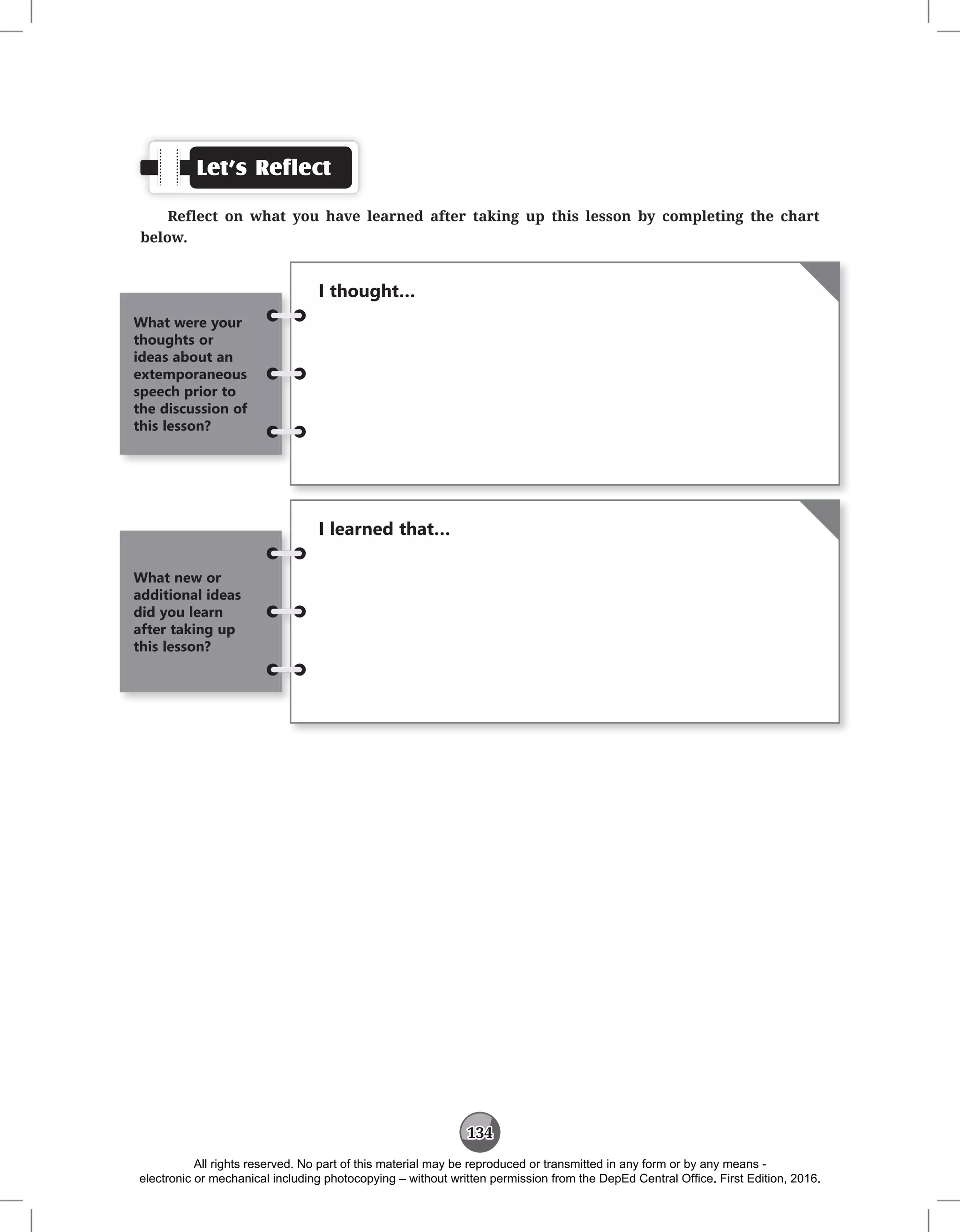 134
Let’s Reflect
Reflect on what you have learned after taking up this lesson by completing the chart
below.
I thought…
What were your
thoughts or
ideas about an
extemporaneous
speech prior to
the discussion of
this lesson?
I learned that…
What new or
additional ideas
did you learn
after taking up
this lesson?
All rights reserved. No part of this material may be reproduced or transmitted in any form or by any means -
electronic or mechanical including photocopying – without written permission from the DepEd Central Office. First Edition, 2016.
 