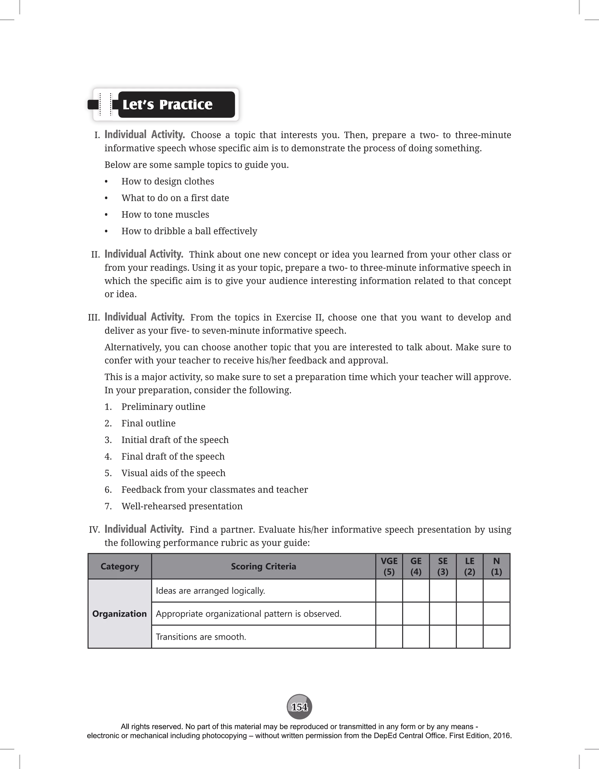 154
Let’s Practice
I. Individual Activity. Choose a topic that interests you. Then, prepare a two- to three-minute
informative speech whose specific aim is to demonstrate the process of doing something.
Below are some sample topics to guide you.
• How to design clothes
• What to do on a first date
• How to tone muscles
• How to dribble a ball effectively
II. Individual Activity. Think about one new concept or idea you learned from your other class or
from your readings. Using it as your topic, prepare a two- to three-minute informative speech in
which the specific aim is to give your audience interesting information related to that concept
or idea.
III. Individual Activity. From the topics in Exercise II, choose one that you want to develop and
deliver as your five- to seven-minute informative speech.
Alternatively, you can choose another topic that you are interested to talk about. Make sure to
confer with your teacher to receive his/her feedback and approval.
This is a major activity, so make sure to set a preparation time which your teacher will approve.
In your preparation, consider the following.
1. Preliminary outline
2. Final outline
3. Initial draft of the speech
4. Final draft of the speech
5. Visual aids of the speech
6. Feedback from your classmates and teacher
7. Well-rehearsed presentation
IV. Individual Activity. Find a partner. Evaluate his/her informative speech presentation by using
the following performance rubric as your guide:
Category Scoring Criteria
VGE
(5)
GE
(4)
SE
(3)
LE
(2)
N
(1)
Organization
Ideas are arranged logically.
Appropriate organizational pattern is observed.
Transitions are smooth.
All rights reserved. No part of this material may be reproduced or transmitted in any form or by any means -
electronic or mechanical including photocopying – without written permission from the DepEd Central Office. First Edition, 2016.
 