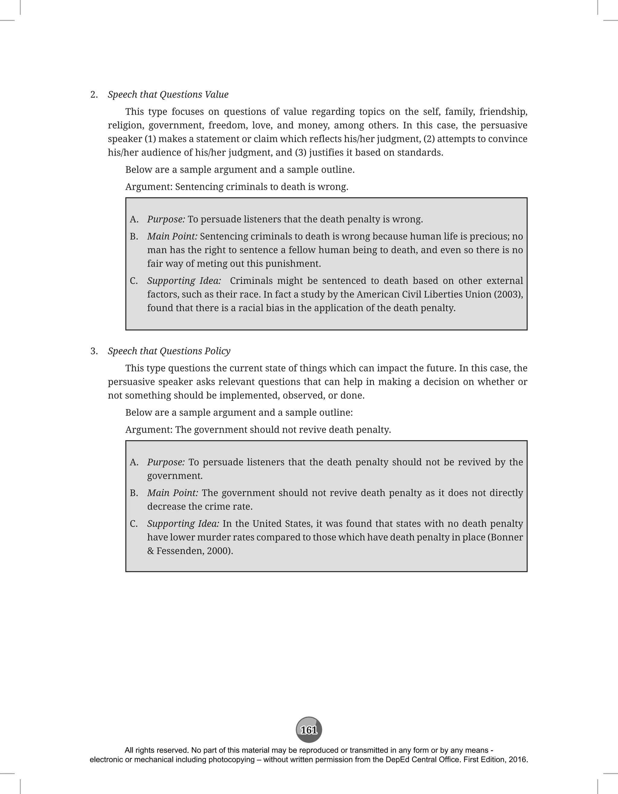 161
2. Speech that Questions Value
This type focuses on questions of value regarding topics on the self, family, friendship,
religion, government, freedom, love, and money, among others. In this case, the persuasive
speaker (1) makes a statement or claim which reflects his/her judgment, (2) attempts to convince
his/her audience of his/her judgment, and (3) justifies it based on standards.
Below are a sample argument and a sample outline.
Argument: Sentencing criminals to death is wrong.
A. Purpose: To persuade listeners that the death penalty is wrong.
B. Main Point: Sentencing criminals to death is wrong because human life is precious; no
man has the right to sentence a fellow human being to death, and even so there is no
fair way of meting out this punishment.
C. Supporting Idea: Criminals might be sentenced to death based on other external
factors, such as their race. In fact a study by the American Civil Liberties Union (2003),
found that there is a racial bias in the application of the death penalty.
3. Speech that Questions Policy
This type questions the current state of things which can impact the future. In this case, the
persuasive speaker asks relevant questions that can help in making a decision on whether or
not something should be implemented, observed, or done.
Below are a sample argument and a sample outline:
Argument: The government should not revive death penalty.
A. Purpose: To persuade listeners that the death penalty should not be revived by the
government.
B. Main Point: The government should not revive death penalty as it does not directly
decrease the crime rate.
C. Supporting Idea: In the United States, it was found that states with no death penalty
have lower murder rates compared to those which have death penalty in place (Bonner
 Fessenden, 2000).
All rights reserved. No part of this material may be reproduced or transmitted in any form or by any means -
electronic or mechanical including photocopying – without written permission from the DepEd Central Office. First Edition, 2016.
 