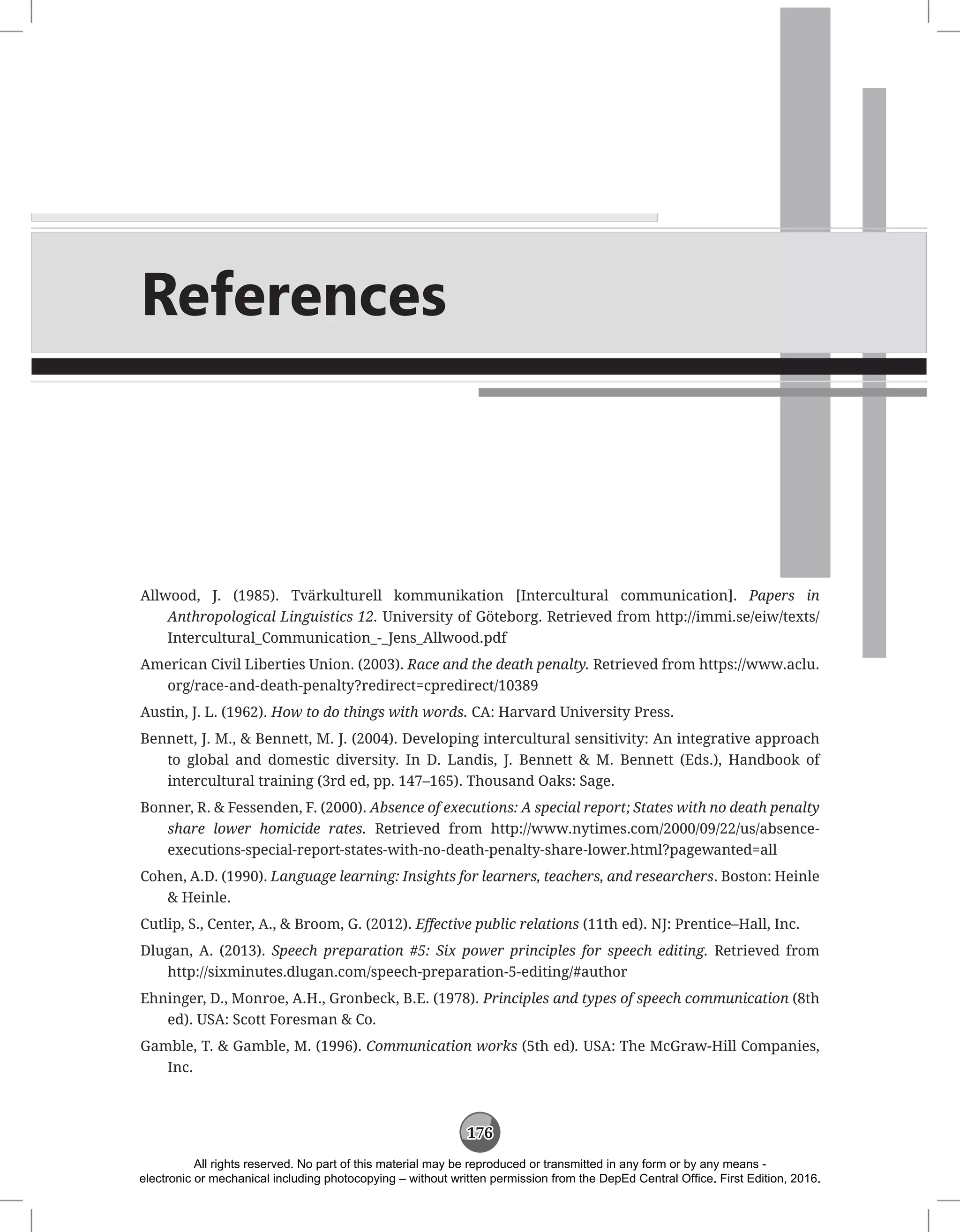 176
References
Allwood, J. (1985). Tvärkulturell kommunikation [Intercultural communication]. Papers in
Anthropological Linguistics 12. University of Göteborg. Retrieved from http://immi.se/eiw/texts/
Intercultural_Communication_-_Jens_Allwood.pdf
American Civil Liberties Union. (2003). Race and the death penalty. Retrieved from https://www.aclu.
org/race-and-death-penalty?redirect=cpredirect/10389
Austin, J. L. (1962). How to do things with words. CA: Harvard University Press.
Bennett, J. M.,  Bennett, M. J. (2004). Developing intercultural sensitivity: An integrative approach
to global and domestic diversity. In D. Landis, J. Bennett  M. Bennett (Eds.), Handbook of
intercultural training (3rd ed, pp. 147–165). Thousand Oaks: Sage.
Bonner, R.  Fessenden, F. (2000). Absence of executions: A special report; States with no death penalty
share lower homicide rates. Retrieved from http://www.nytimes.com/2000/09/22/us/absence-
executions-special-report-states-with-no-death-penalty-share-lower.html?pagewanted=all
Cohen, A.D. (1990). Language learning: Insights for learners, teachers, and researchers. Boston: Heinle
 Heinle.
Cutlip, S., Center, A.,  Broom, G. (2012). Effective public relations (11th ed). NJ: Prentice–Hall, Inc.
Dlugan, A. (2013). Speech preparation #5: Six power principles for speech editing. Retrieved from
http://sixminutes.dlugan.com/speech-preparation-5-editing/#author
Ehninger, D., Monroe, A.H., Gronbeck, B.E. (1978). Principles and types of speech communication (8th
ed). USA: Scott Foresman  Co.
Gamble, T.  Gamble, M. (1996). Communication works (5th ed). USA: The McGraw-Hill Companies,
Inc.
All rights reserved. No part of this material may be reproduced or transmitted in any form or by any means -
electronic or mechanical including photocopying – without written permission from the DepEd Central Office. First Edition, 2016.
 