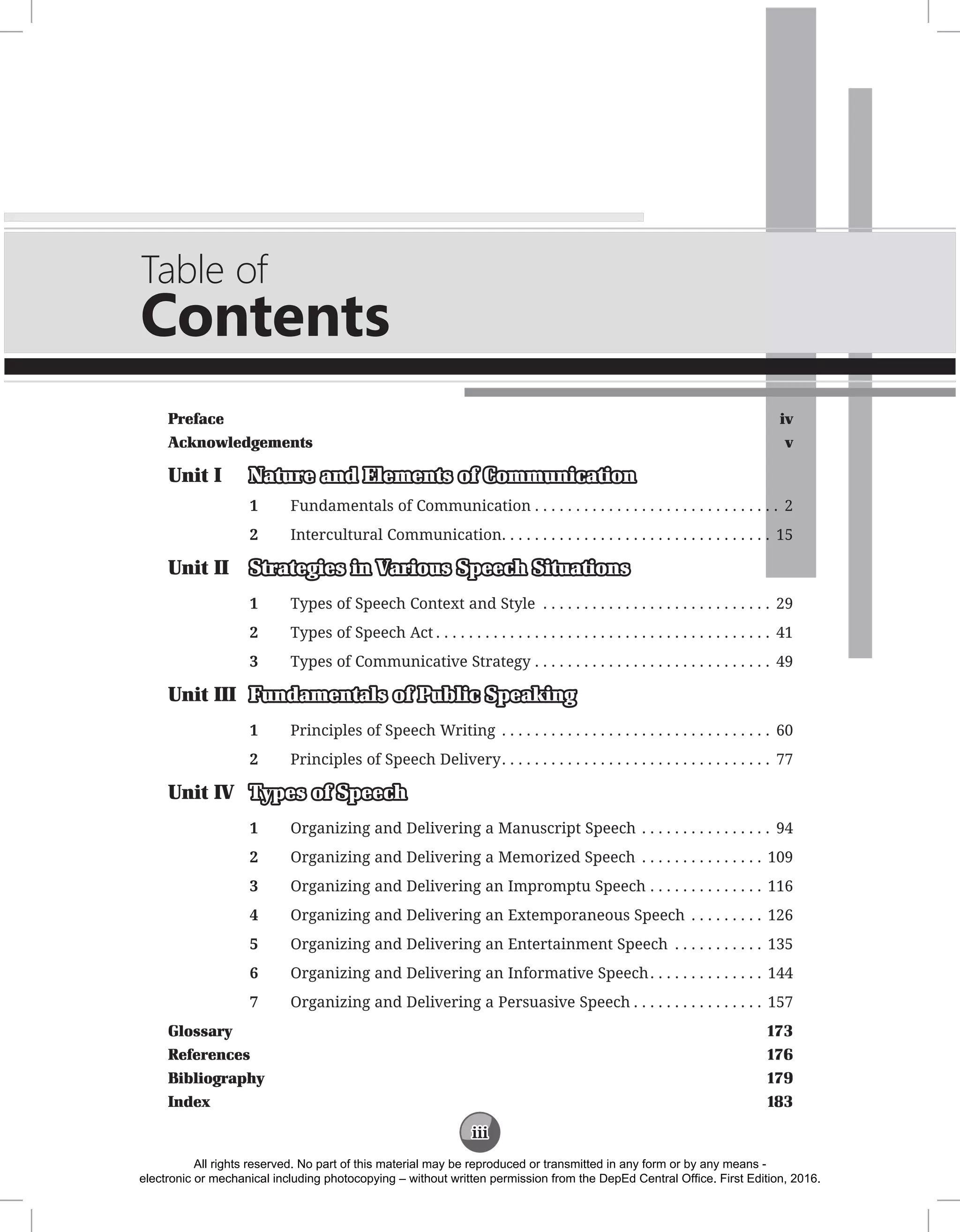 iii
Table of
Contents
Preface		 iv
Acknowledgements v
Unit I Nature and Elements of Communication
1 Fundamentals of Communication  . . . . . . . . . . . . . . . . . . . . . . . . . . . . . . 2
2 Intercultural Communication . . . . . . . . . . . . . . . . . . . . . . . . . . . . . . . . . 15
Unit II Strategies in Various Speech Situations
1 Types of Speech Context and Style . . . . . . . . . . . . . . . . . . . . . . . . . . . . . 29
2 Types of Speech Act  . . . . . . . . . . . . . . . . . . . . . . . . . . . . . . . . . . . . . . . . . 41
3 Types of Communicative Strategy . . . . . . . . . . . . . . . . . . . . . . . . . . . . . . 49
Unit III Fundamentals of Public Speaking
1 Principles of Speech Writing . . . . . . . . . . . . . . . . . . . . . . . . . . . . . . . . . . 60
2 Principles of Speech Delivery . . . . . . . . . . . . . . . . . . . . . . . . . . . . . . . . . 77
Unit IV Types of Speech
1 Organizing and Delivering a Manuscript Speech . . . . . . . . . . . . . . . . . 94
2 Organizing and Delivering a Memorized Speech . . . . . . . . . . . . . . . . 109
3 Organizing and Delivering an Impromptu Speech . . . . . . . . . . . . . . . 116
4 Organizing and Delivering an Extemporaneous Speech . . . . . . . . . . 126
5 Organizing and Delivering an Entertainment Speech . . . . . . . . . . . . 135
6 Organizing and Delivering an Informative Speech . . . . . . . . . . . . . . 144
7 Organizing and Delivering a Persuasive Speech  . . . . . . . . . . . . . . . . 157
Glossary		 173
References 176
Bibliography 179
Index		 183
All rights reserved. No part of this material may be reproduced or transmitted in any form or by any means -
electronic or mechanical including photocopying – without written permission from the DepEd Central Office. First Edition, 2016.
 