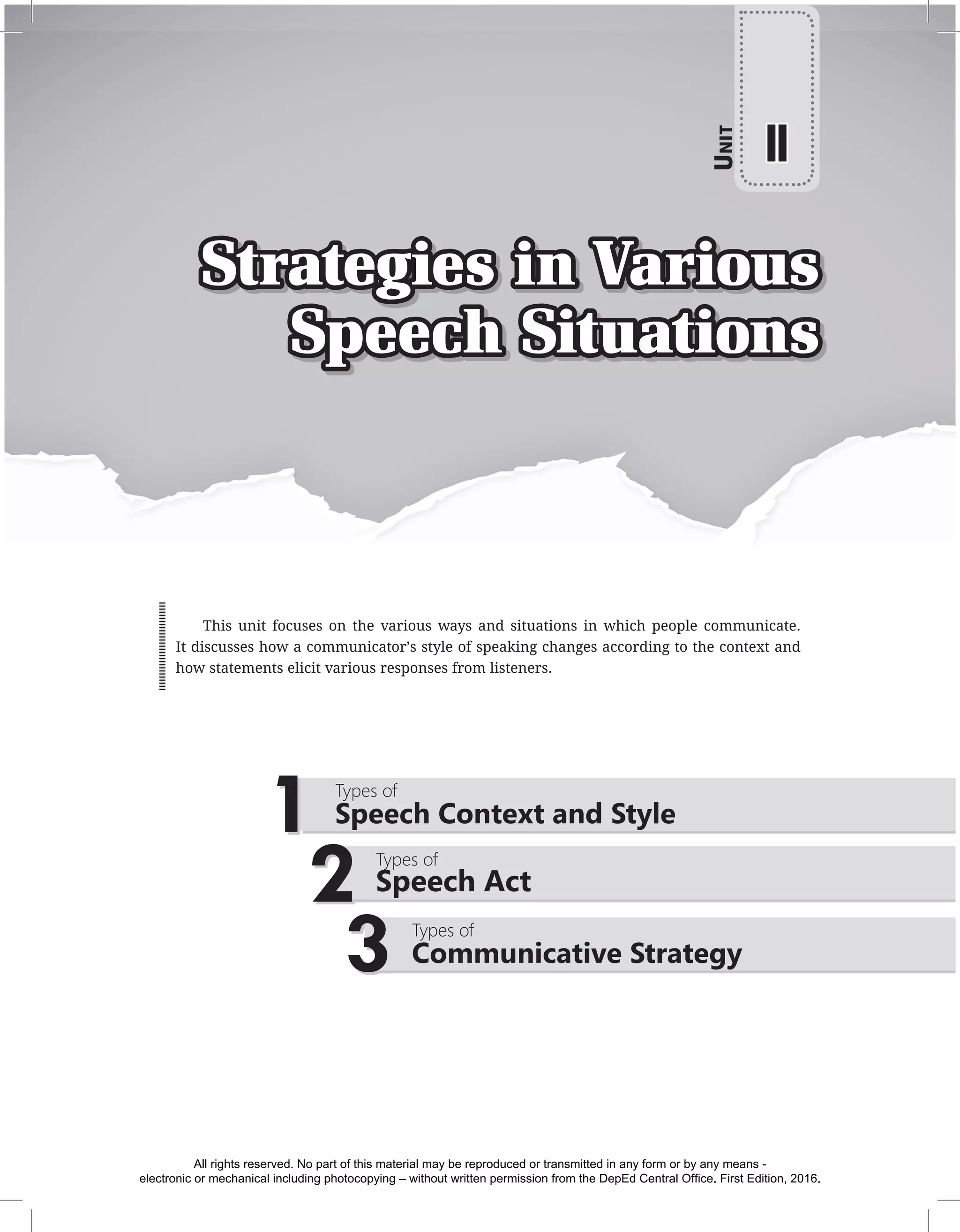 Strategies in Various
Speech Situations
U
nit
II
2 Types of
Speech Act
3 Types of
Communicative Strategy
1 Types of
Speech Context and Style
This unit focuses on the various ways and situations in which people communicate.
It discusses how a communicator’s style of speaking changes according to the context and
how statements elicit various responses from listeners.
All rights reserved. No part of this material may be reproduced or transmitted in any form or by any means -
electronic or mechanical including photocopying – without written permission from the DepEd Central Office. First Edition, 2016.
 