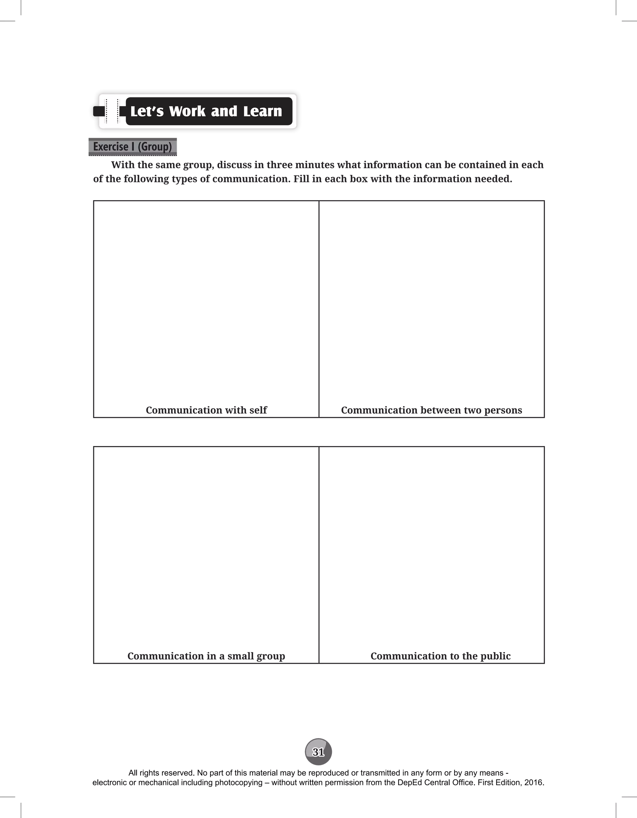 31
Let’s Work and Learn
Exercise I (Group)
With the same group, discuss in three minutes what information can be contained in each
of the following types of communication. Fill in each box with the information needed.
Communication with self Communication between two persons
Communication in a small group Communication to the public
All rights reserved. No part of this material may be reproduced or transmitted in any form or by any means -
electronic or mechanical including photocopying – without written permission from the DepEd Central Office. First Edition, 2016.
 