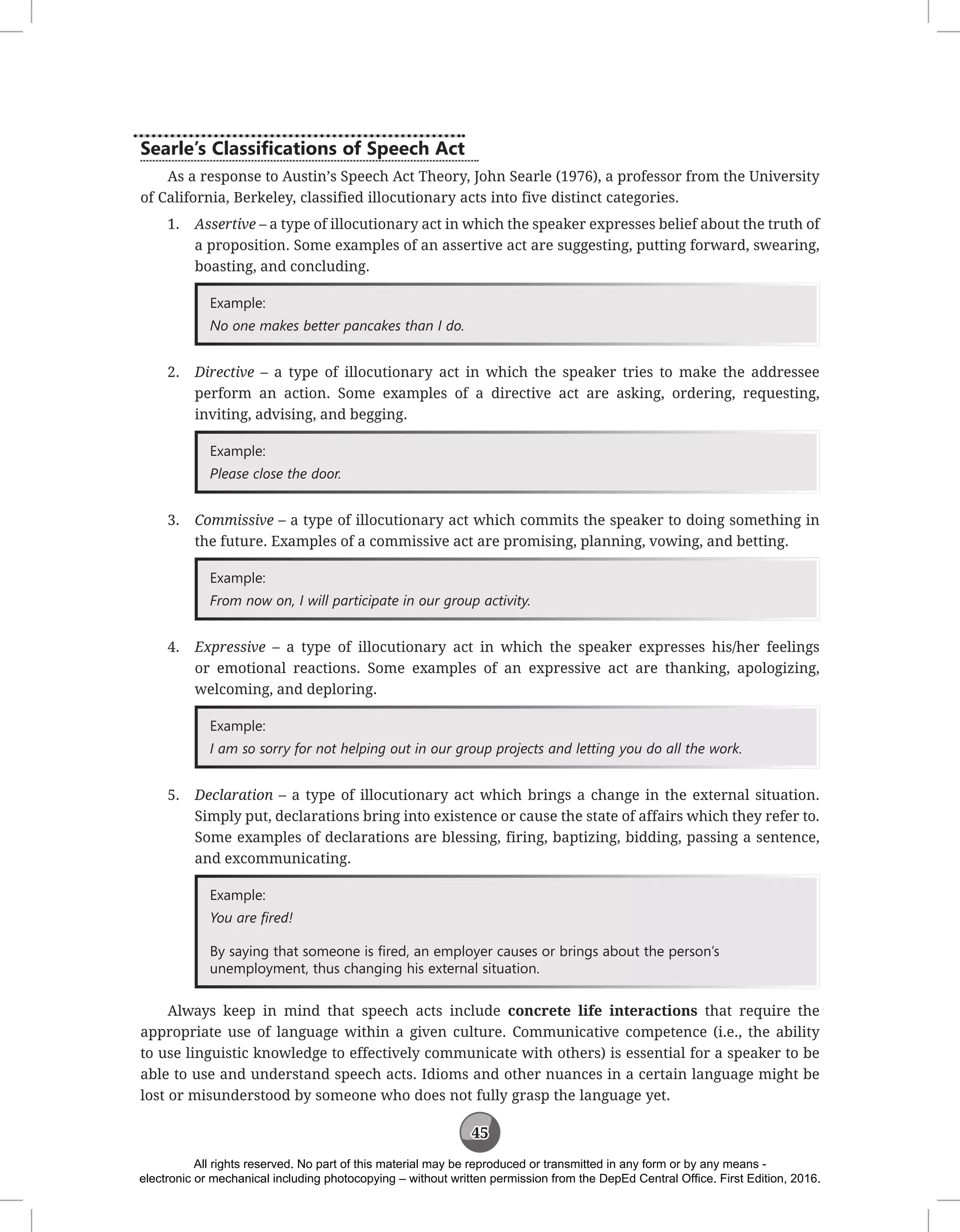 45
Searle’s Classifications of Speech Act
As a response to Austin’s Speech Act Theory, John Searle (1976), a professor from the University
of California, Berkeley, classified illocutionary acts into five distinct categories.
1. Assertive – a type of illocutionary act in which the speaker expresses belief about the truth of
a proposition. Some examples of an assertive act are suggesting, putting forward, swearing,
boasting, and concluding.
Example:
No one makes better pancakes than I do.
2. Directive – a type of illocutionary act in which the speaker tries to make the addressee
perform an action. Some examples of a directive act are asking, ordering, requesting,
inviting, advising, and begging.
Example:
Please close the door.
3. Commissive – a type of illocutionary act which commits the speaker to doing something in
the future. Examples of a commissive act are promising, planning, vowing, and betting.
Example:
From now on, I will participate in our group activity.
4. Expressive – a type of illocutionary act in which the speaker expresses his/her feelings
or emotional reactions. Some examples of an expressive act are thanking, apologizing,
welcoming, and deploring.
Example:
I am so sorry for not helping out in our group projects and letting you do all the work.
5. Declaration – a type of illocutionary act which brings a change in the external situation.
Simply put, declarations bring into existence or cause the state of affairs which they refer to.
Some examples of declarations are blessing, firing, baptizing, bidding, passing a sentence,
and excommunicating.
Example:
You are fired!
By saying that someone is fired, an employer causes or brings about the person’s
unemployment, thus changing his external situation.
Always keep in mind that speech acts include concrete life interactions that require the
appropriate use of language within a given culture. Communicative competence (i.e., the ability
to use linguistic knowledge to effectively communicate with others) is essential for a speaker to be
able to use and understand speech acts. Idioms and other nuances in a certain language might be
lost or misunderstood by someone who does not fully grasp the language yet.
All rights reserved. No part of this material may be reproduced or transmitted in any form or by any means -
electronic or mechanical including photocopying – without written permission from the DepEd Central Office. First Edition, 2016.
 