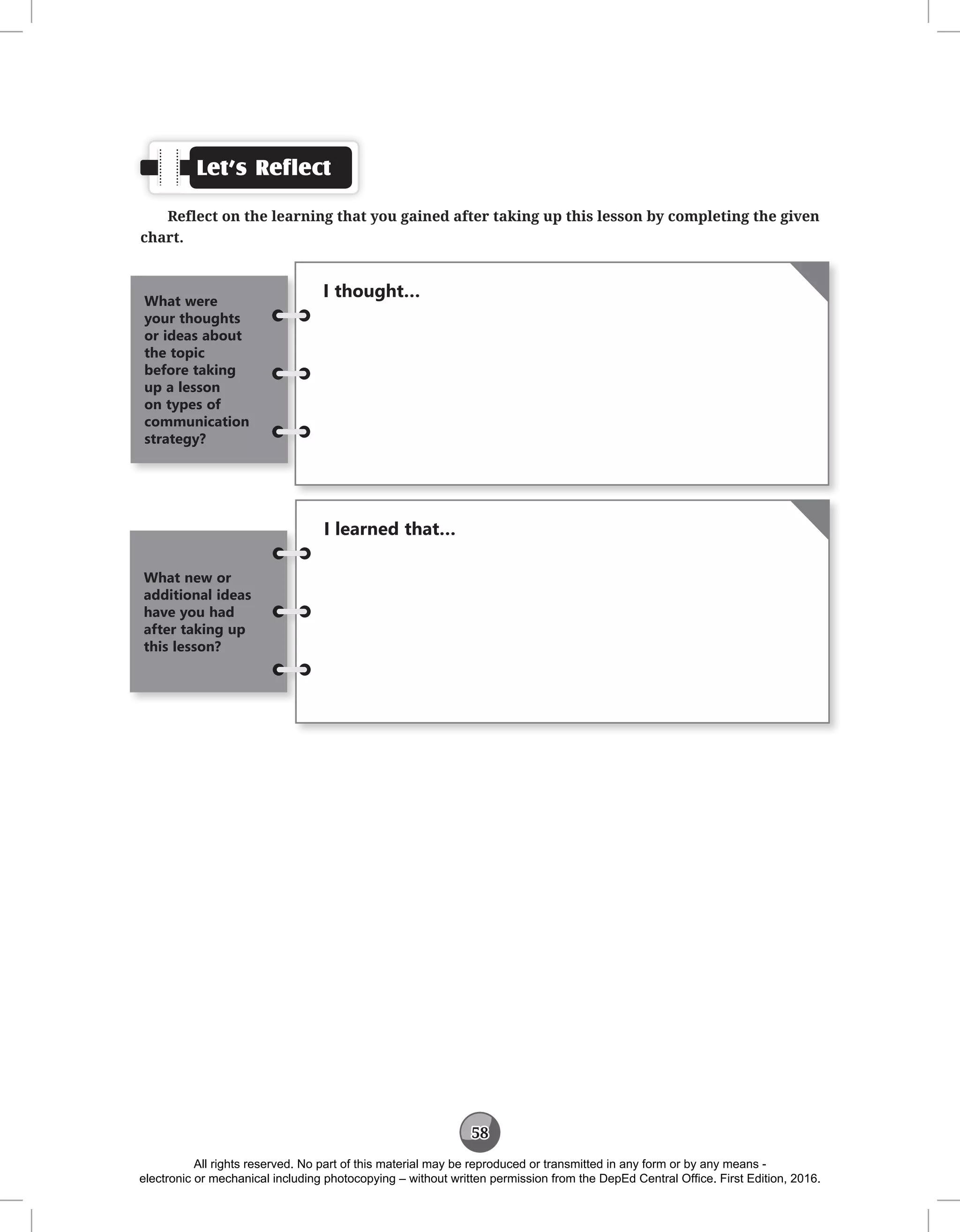 58
Let’s Reflect
Reflect on the learning that you gained after taking up this lesson by completing the given
chart.
I thought…
What were
your thoughts
or ideas about
the topic
before taking
up a lesson
on types of
communication
strategy?
I learned that…
What new or
additional ideas
have you had
after taking up
this lesson?
All rights reserved. No part of this material may be reproduced or transmitted in any form or by any means -
electronic or mechanical including photocopying – without written permission from the DepEd Central Office. First Edition, 2016.
 