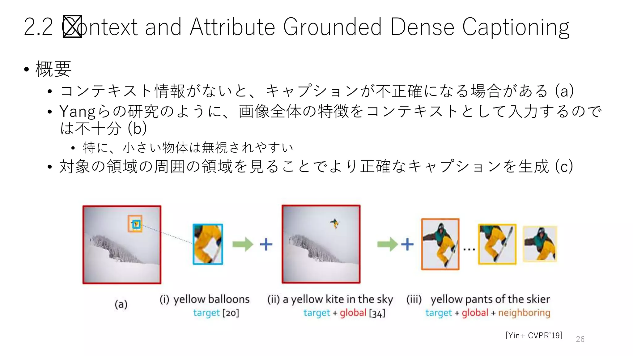 2.2 ﻿Context and Attribute Grounded Dense Captioning
• 概要
• コンテキスト情報がないと、キャプションが不正確になる場合がある (a)
• Yangらの研究のように、画像全体の特徴をコンテキストとして入力するので
は不十分 (b)
• 特に、小さい物体は無視されやすい
• 対象の領域の周囲の領域を見ることでより正確なキャプションを生成 (c)
26[Yin+ CVPR’19]
 